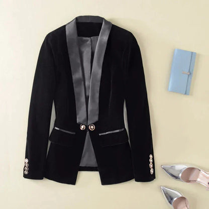 Elegant velvet evening gown with satin lapels and long sleeves
 - ModishWorld