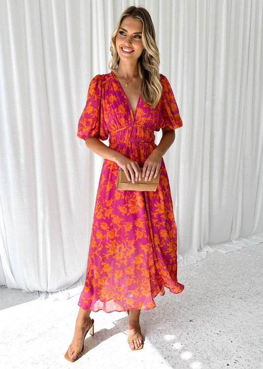 Chic V-Neck Ruffled Sleeve Midi Dress - Modish World