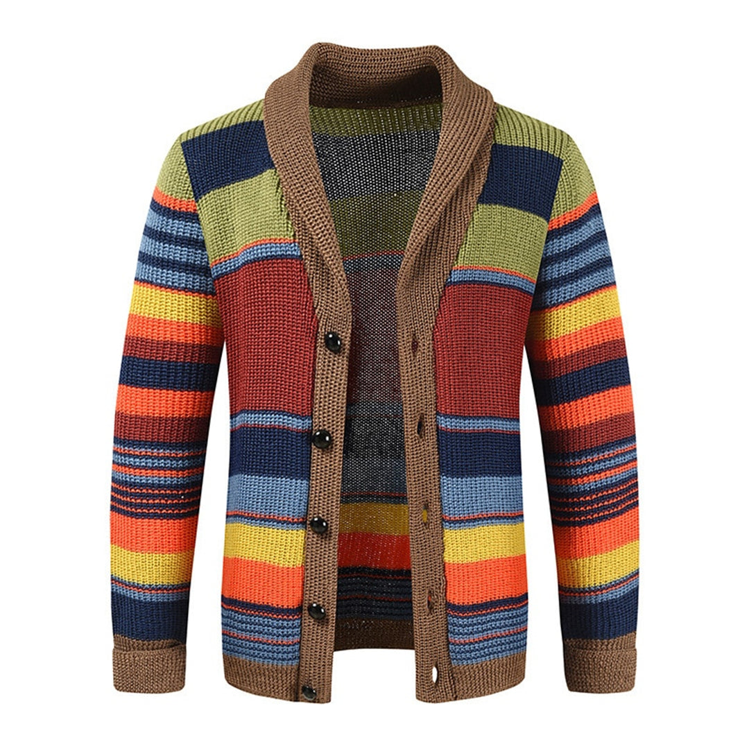 Colourful Mens Striped Crew Neck Cardigan Sweater - ModishWorld
