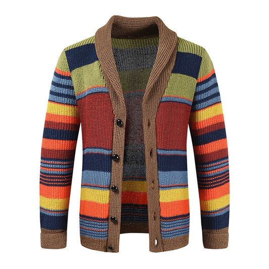 Colourful Mens Striped Crew Neck Cardigan Sweater - ModishWorld