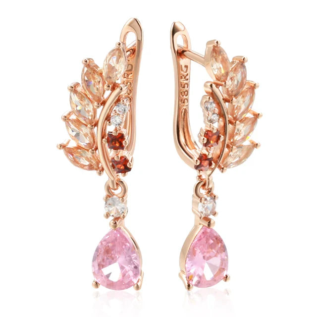Pink Teardrop & Crystal Dangle Earrings with Rose Gold Leaves
 - ModishWorld