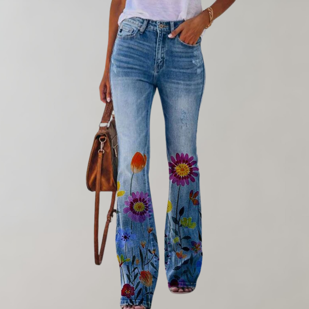 Ladies' Vintage Flower Wide Leg High Waist Jeans - ModishWorld