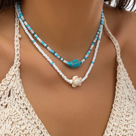 Boho Chic Turquoise Turtle Necklace with White Beads: Ocean Theme Summer Jewelry
 - ModishWorld
