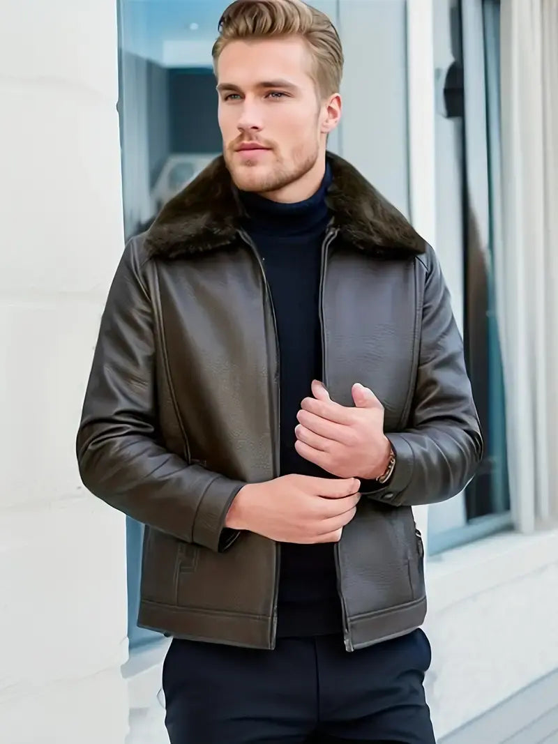 Classic Tan Leather Coat - Warm Faux Fur Trim