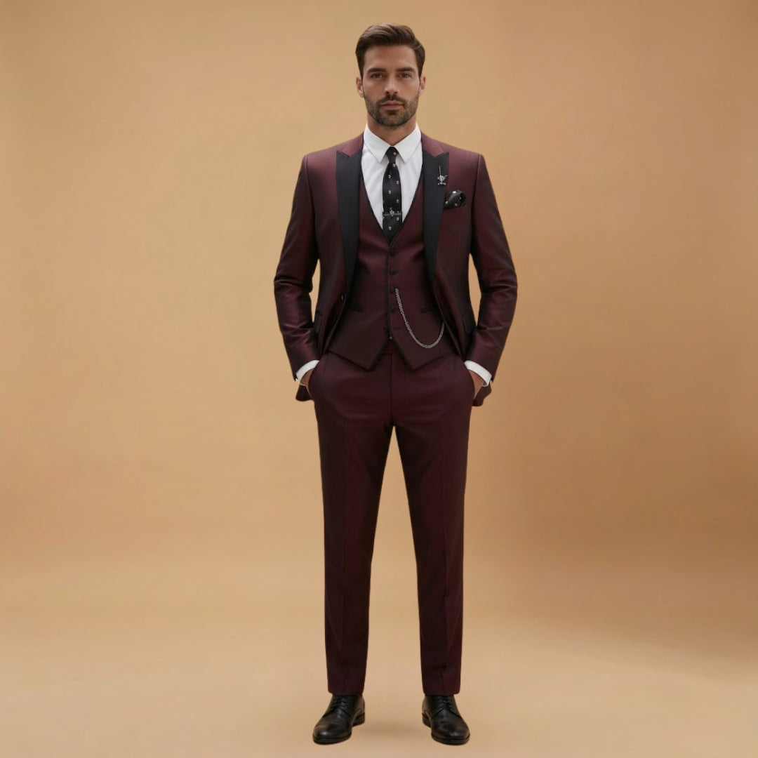 Slim Fit Men's 3 Piece Suit with Contrast Details