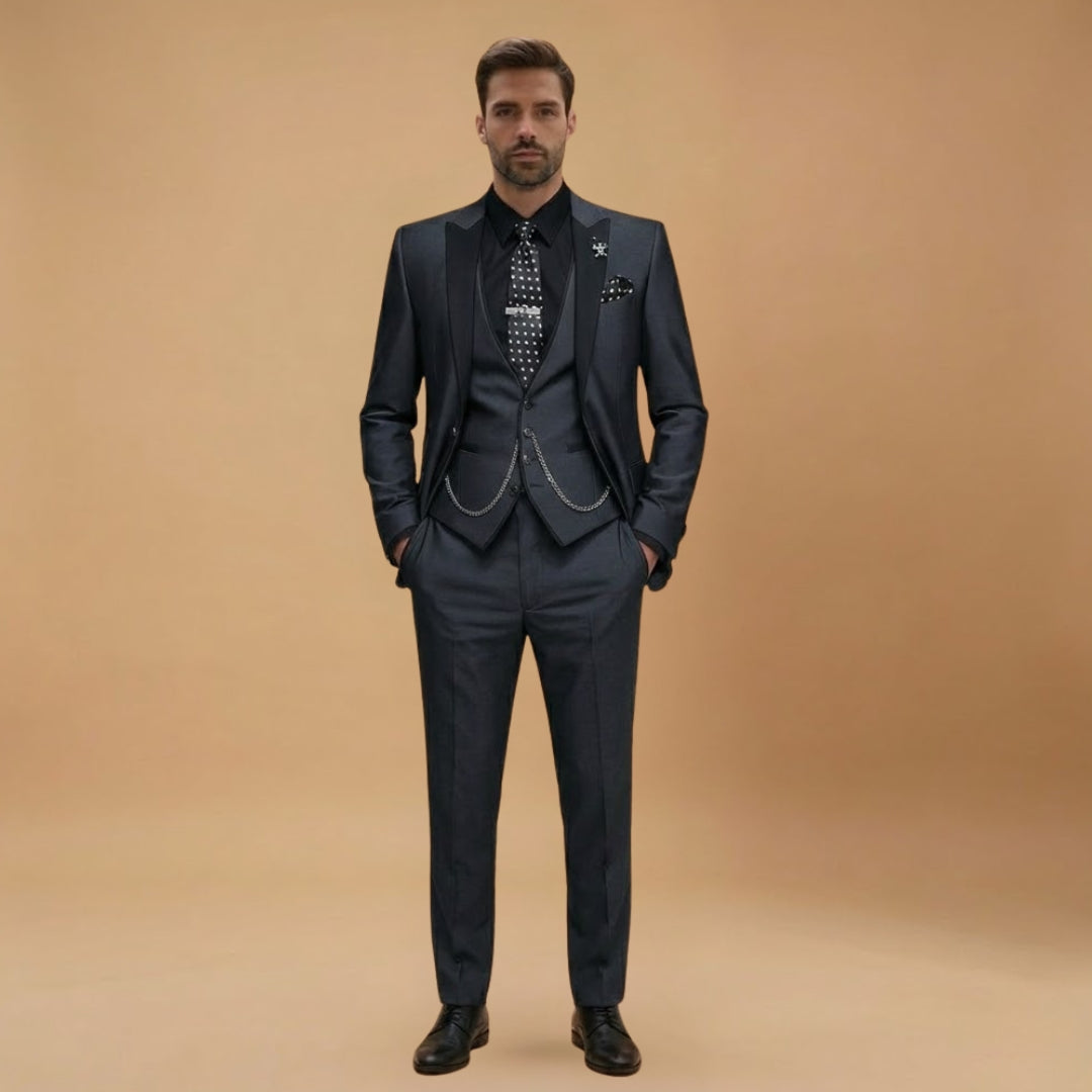 Slim Fit Men's 3 Piece Suit with Contrast Details