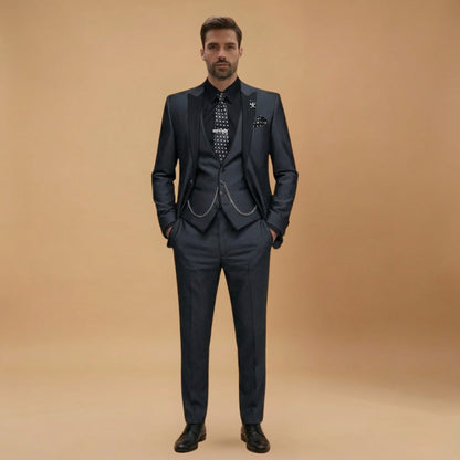 Slim Fit Men's 3 Piece Suit with Contrast Details