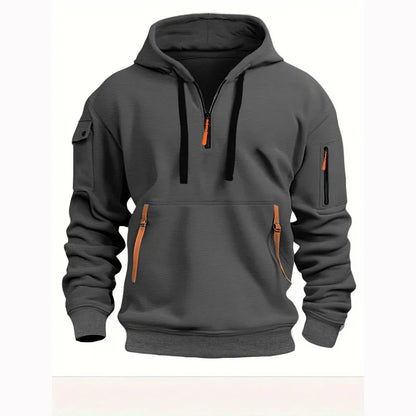 Men's Sporty Black Hoodie with Bright Zipper Details