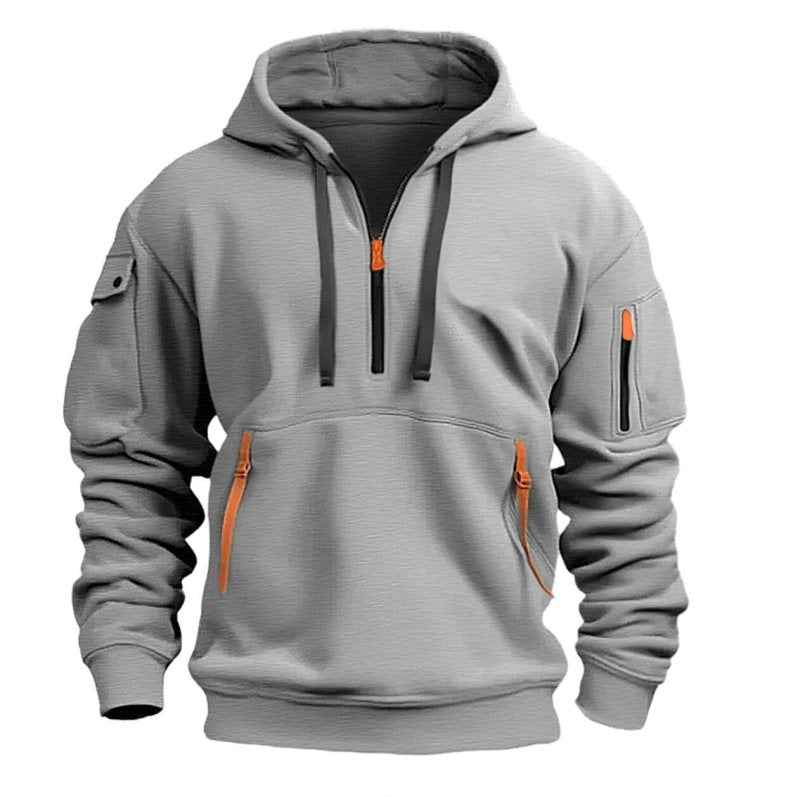 Men's Sporty Black Hoodie with Bright Zipper Details