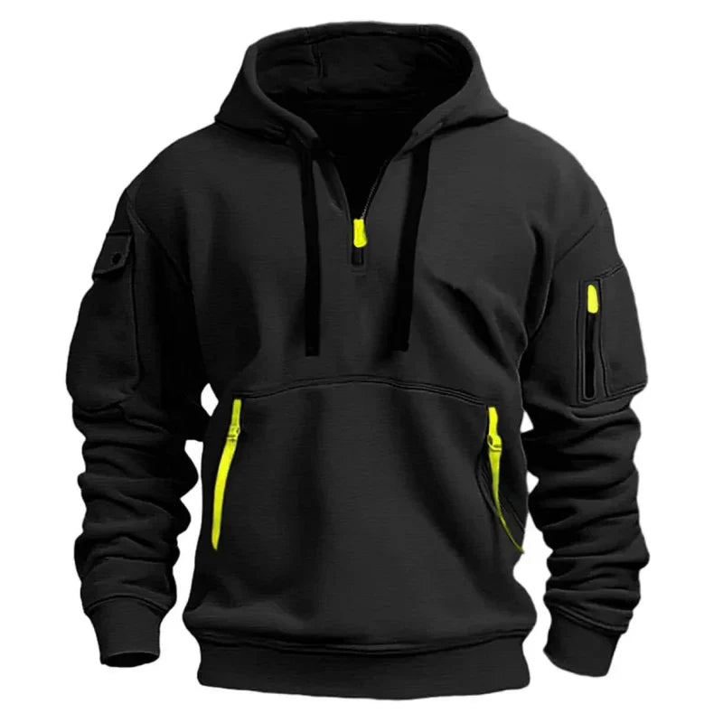 Men's Sporty Black Hoodie with Bright Zipper Details