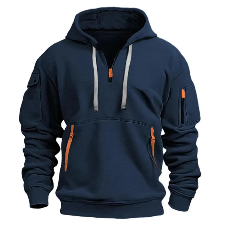 Men's Sporty Black Hoodie with Bright Zipper Details