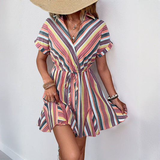 Women's Colorful Stripe Sundress - Adjustable Waist, Summer Dress - ModishWorld