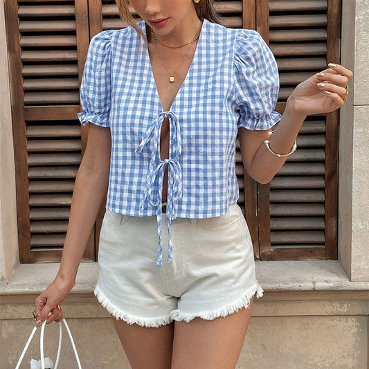 Casual Blue Plaid Short Sleeve Summer Top - ModishWorld
