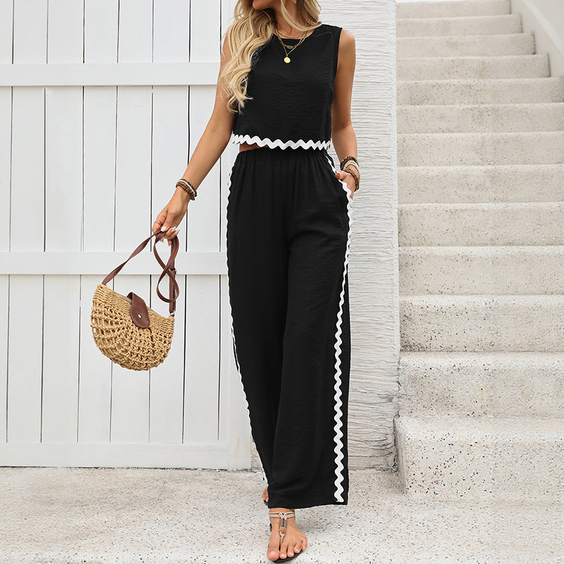 Women's Black Crop Top & Pants Set - Loose Fit Summer Outfit - ModishWorld