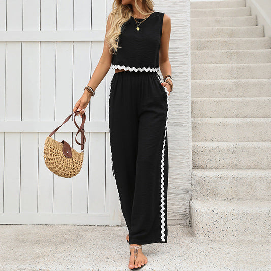 Women's Black Crop Top & Pants Set - Loose Fit Summer Outfit - ModishWorld
