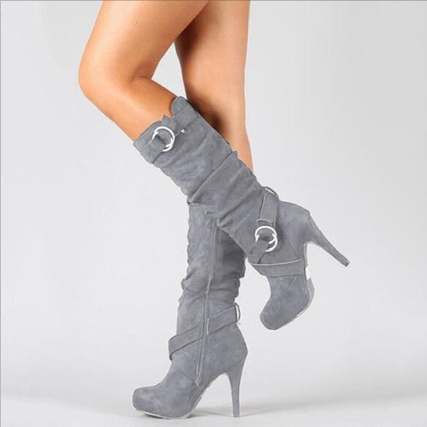 Tall Women's Slouch Boots with Buckle and High Heel - ModishWorld