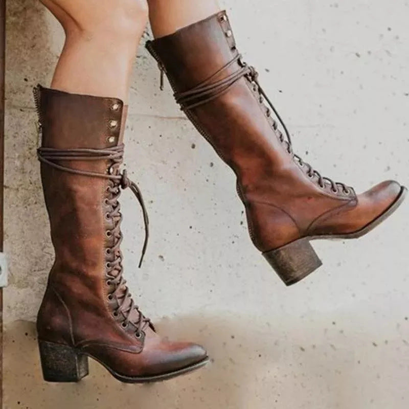 Women's Tall Lace Up Ankle Boots with Low Heel