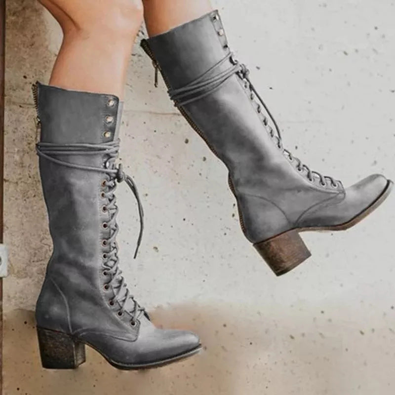 Women's Tall Lace Up Ankle Boots with Low Heel