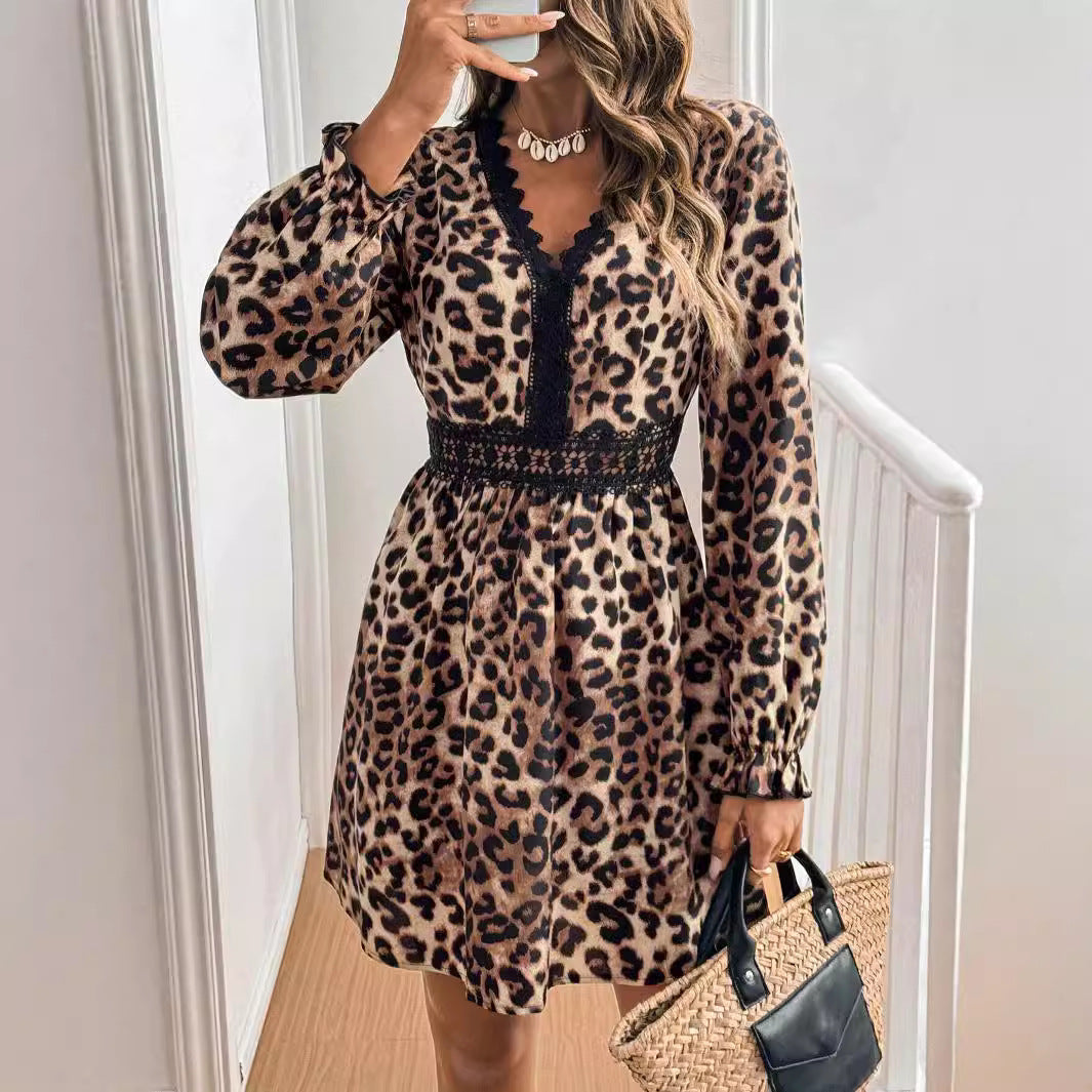Chic Brown Animal Print V-Neck Lace Dress - ModishWorld