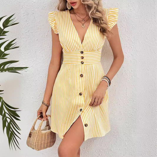 Chic V-Neck Ruffle Sleeve Women's Dress - ModishWorld