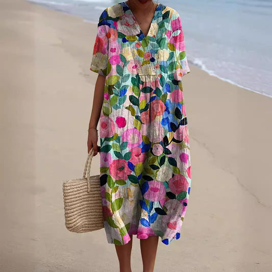 Colorful Floral Print Summer Dress - ModishWorld