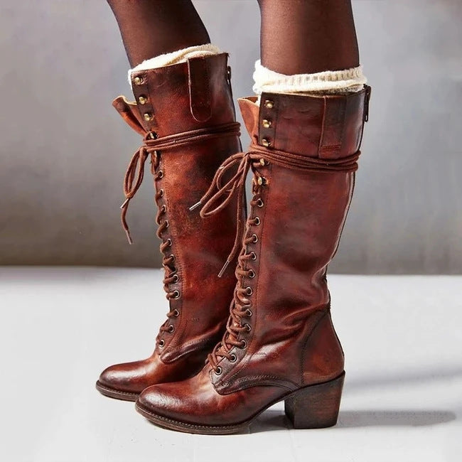 Women's Tall Lace Up Ankle Boots with Low Heel - ModishWorld