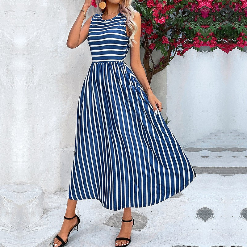 Classic Navy Blue Stripe Midi Dress - ModishWorld