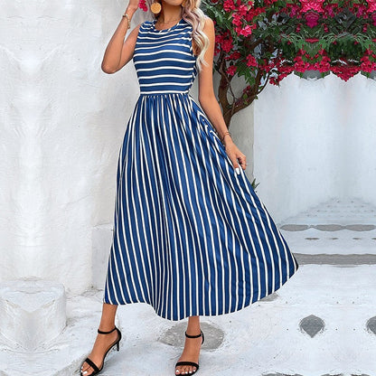 Classic Navy Blue Stripe Midi Dress - ModishWorld