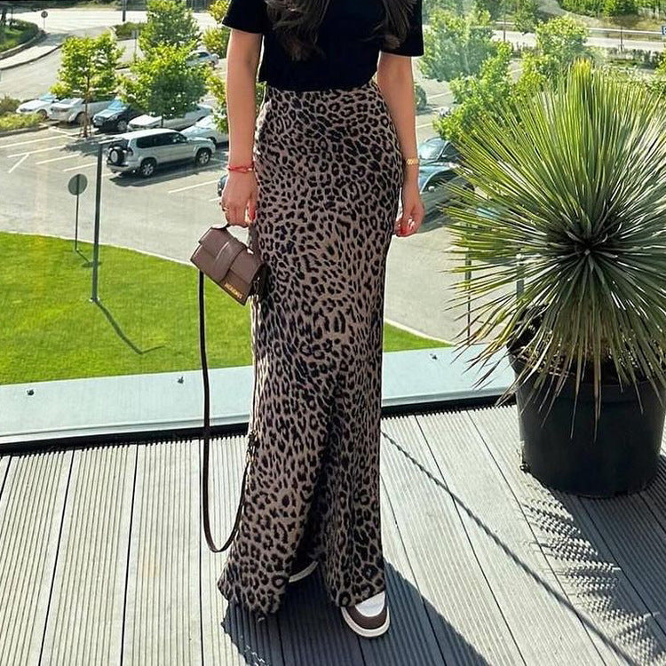 Ladies' Animal Print Satin Midi Skirt - High Waisted Chic - ModishWorld
