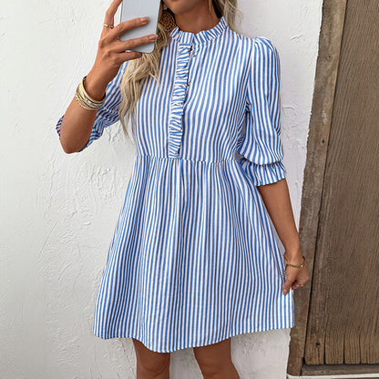 Women's Classic Stripe Mini Dress - Puffy Sleeves, Casual Style