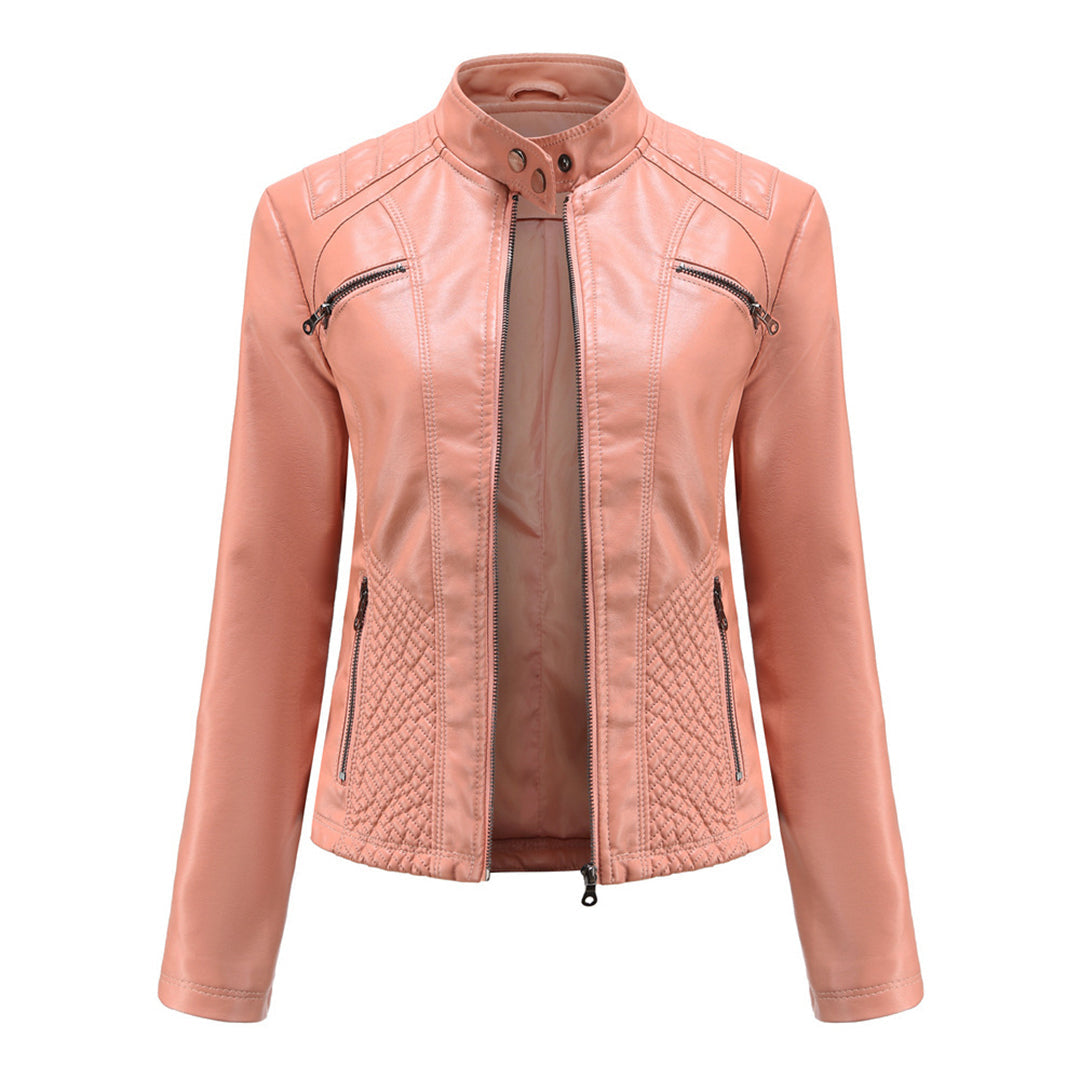 Classic Biker Leather Jacket with Zip Up Collar