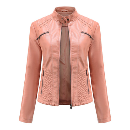 Classic Biker Leather Jacket with Zip Up Collar