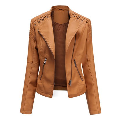 Classic Women's Biker Leather Jacket with Wide Collar - ModishWorld