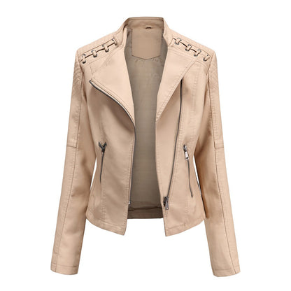 Classic Women's Biker Leather Jacket with Wide Collar