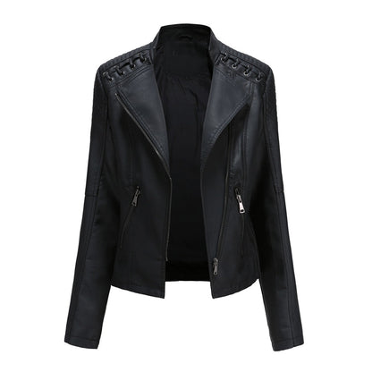 Classic Women's Biker Leather Jacket with Wide Collar