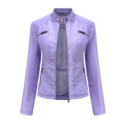Classic Biker Leather Jacket with Zip Up Collar