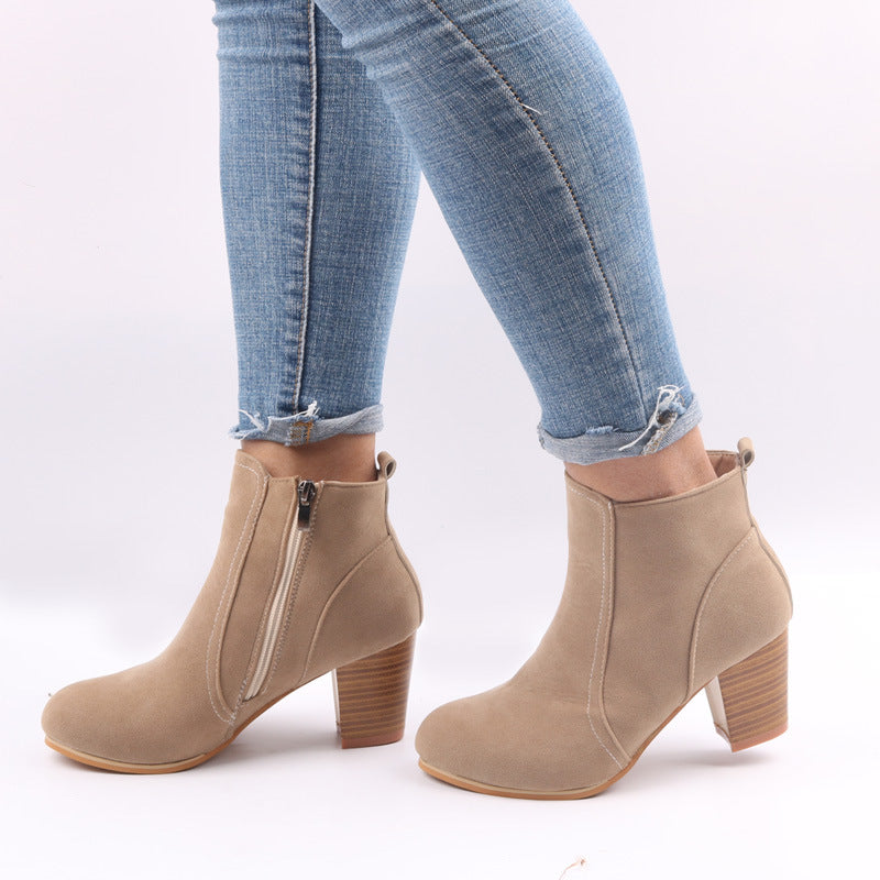 Ladies' Leather Low Heel Ankle Boots with Zipper