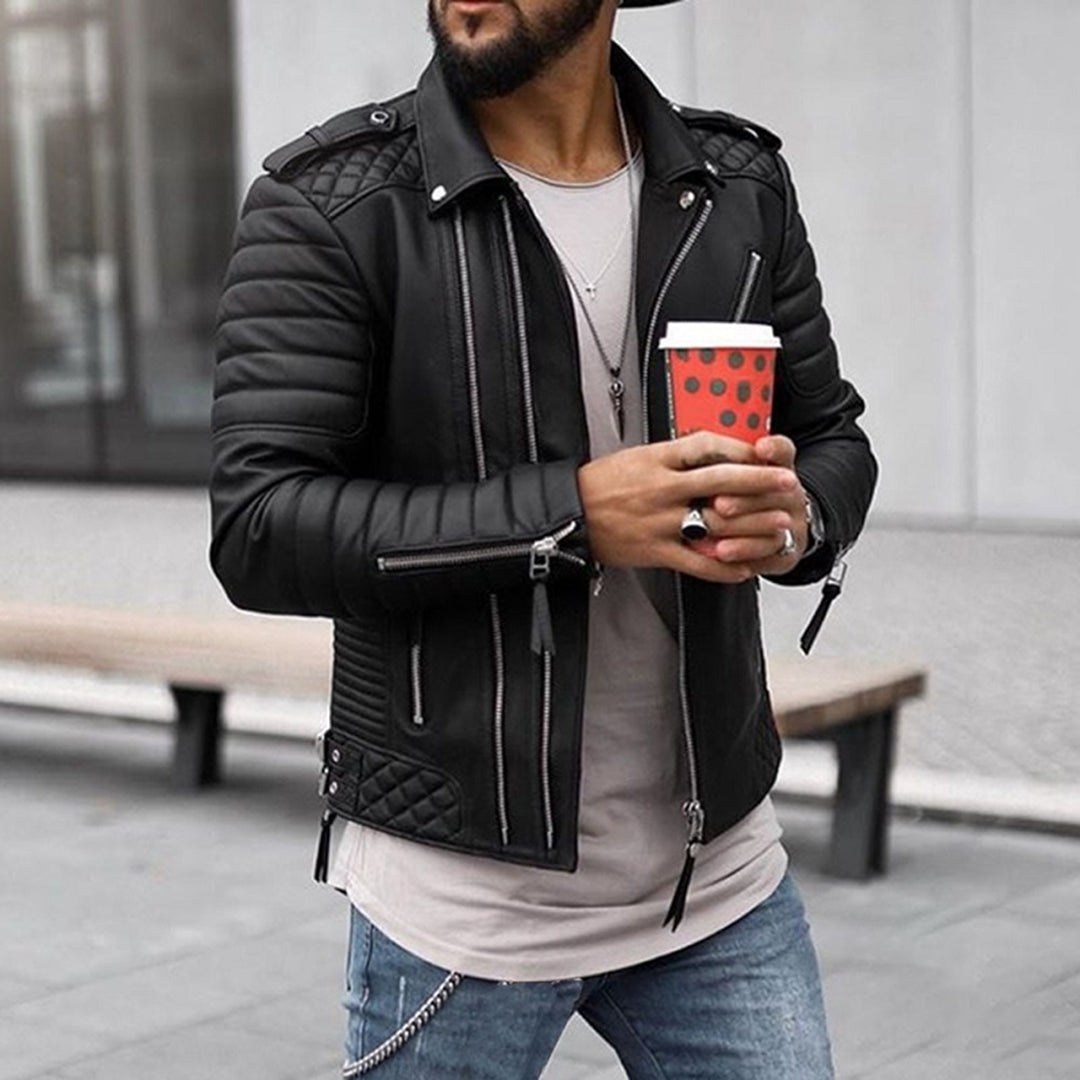 Classic Biker Leather Jacket with Padded Shoulders - ModishWorld