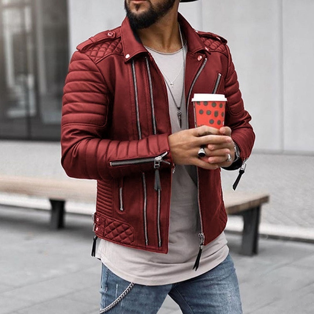 Classic Biker Leather Jacket with Padded Shoulders