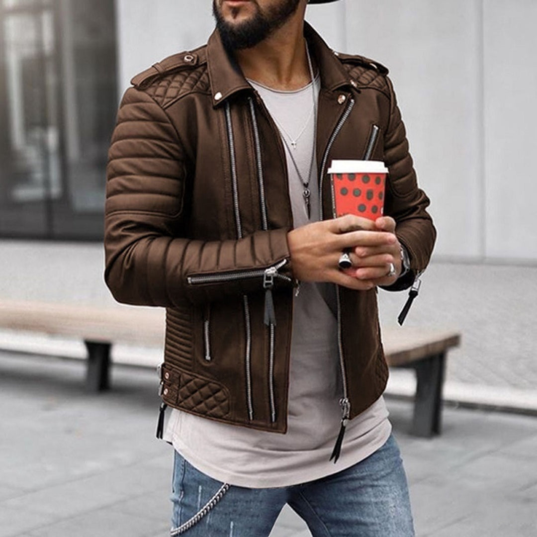 Classic Biker Leather Jacket with Padded Shoulders