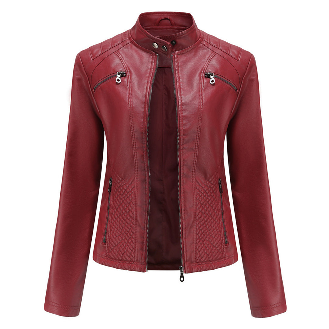 Classic Biker Leather Jacket with Zip Up Collar