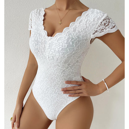 Women's Floral V Neck Bodysuit with Short Sleeves