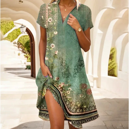 Beautiful Flower V-Neck Button Dress