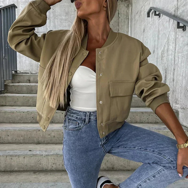 Women's Casual Flight Jacket with Button Front