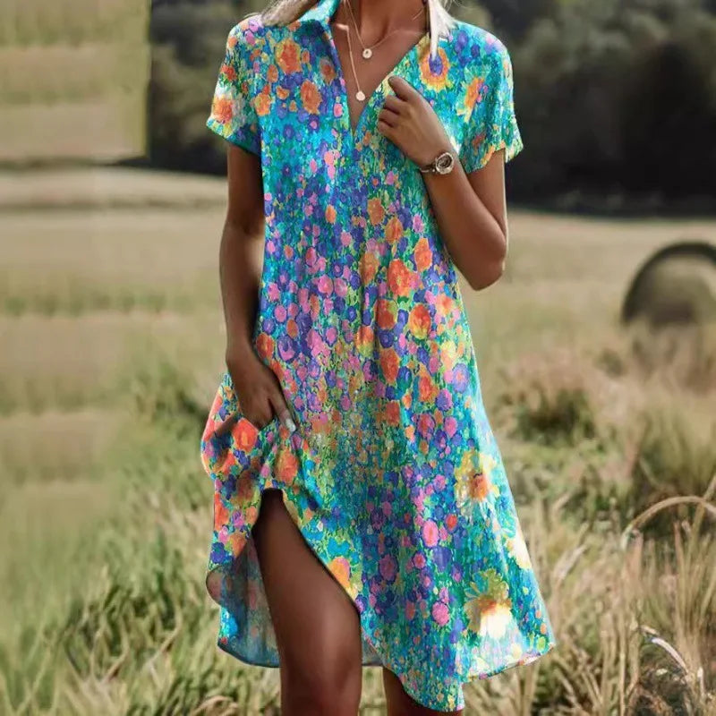 Beautiful Flower V-Neck Button Dress