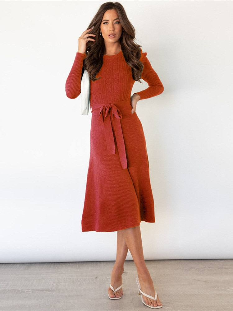 Ladies' Cable Knit Dress with Puffy Sleeves and Waist Belt