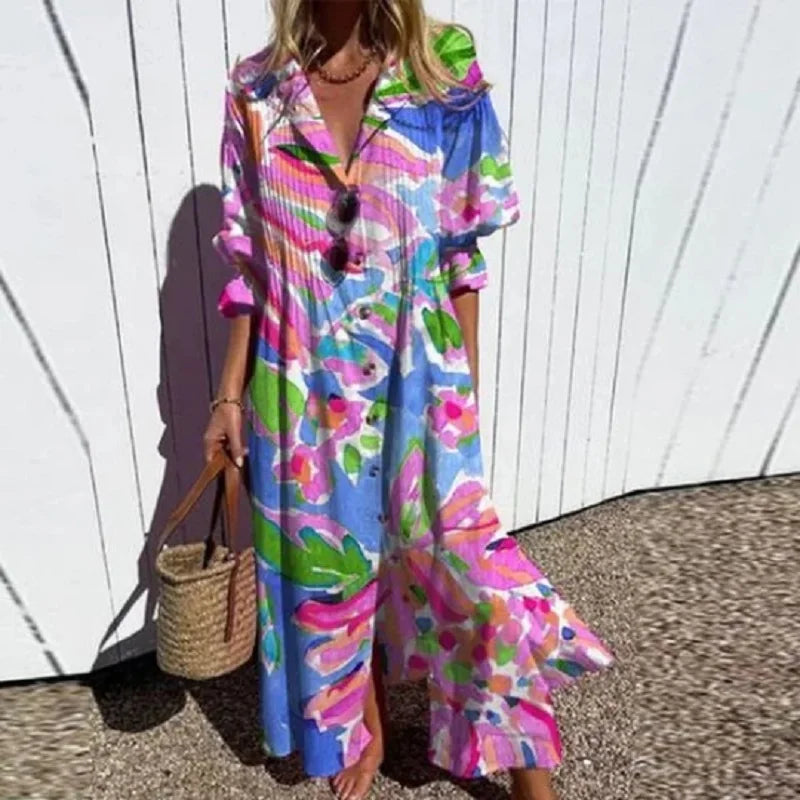 Elegant V-Neck Maxi Dress - Loose Fit Summer Dress