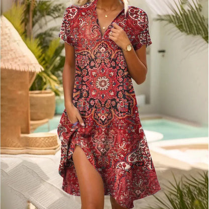 Beautiful Flower V-Neck Button Dress