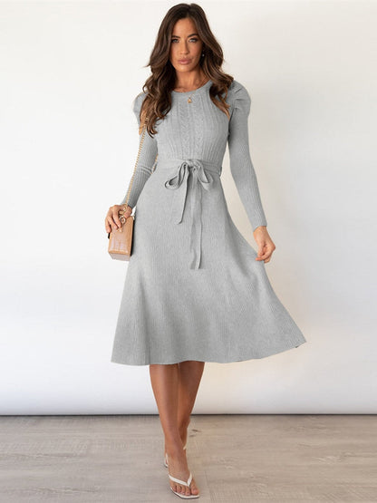 Ladies' Cable Knit Dress with Puffy Sleeves and Waist Belt