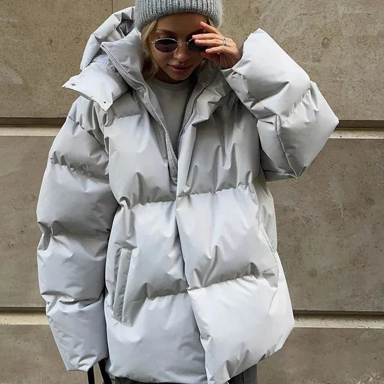 Warm Women's Puffer Coat - High Neck Hooded Parka